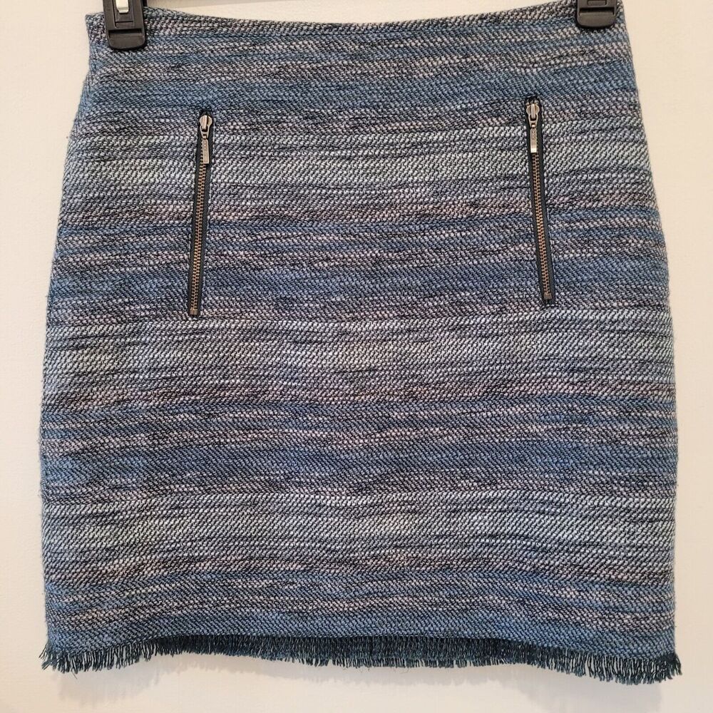 Ann Taylor Loft Skirt 4 Blue Fringed Hem Woven Tweed Stretch Pockets